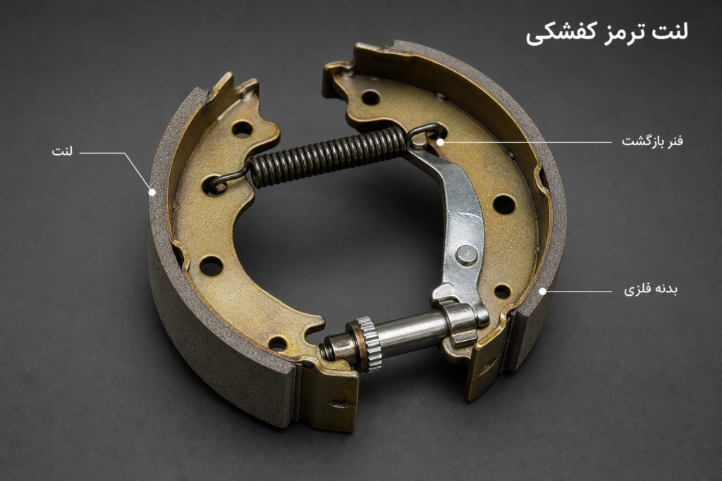 نمای ظاهری لنت ترمز کفشکی خودرو با ساختار هلالی و سطح اصطکاکی